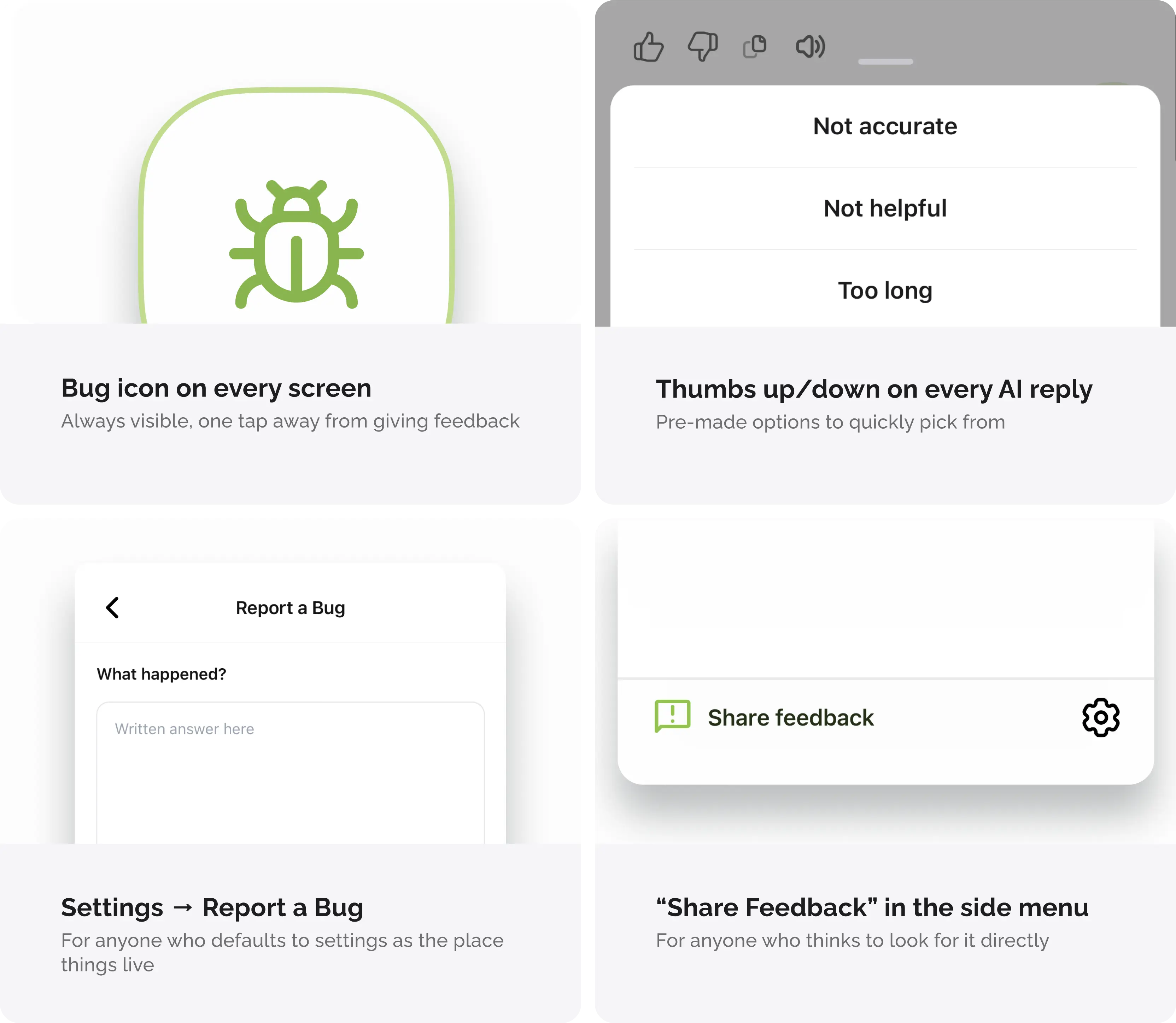 Four feedback entry points: bug icon, thumbs up/down, report a bug form, share feedback menu