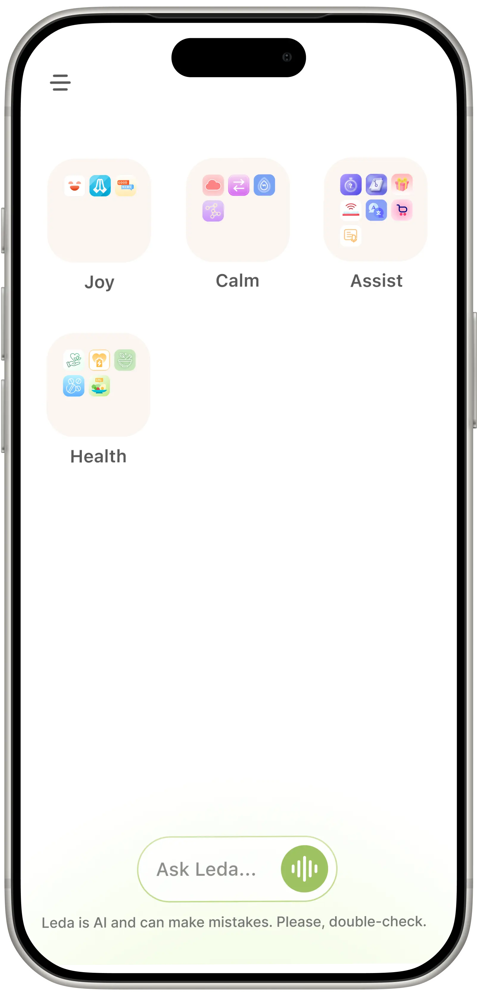 Leda home screen with four folders