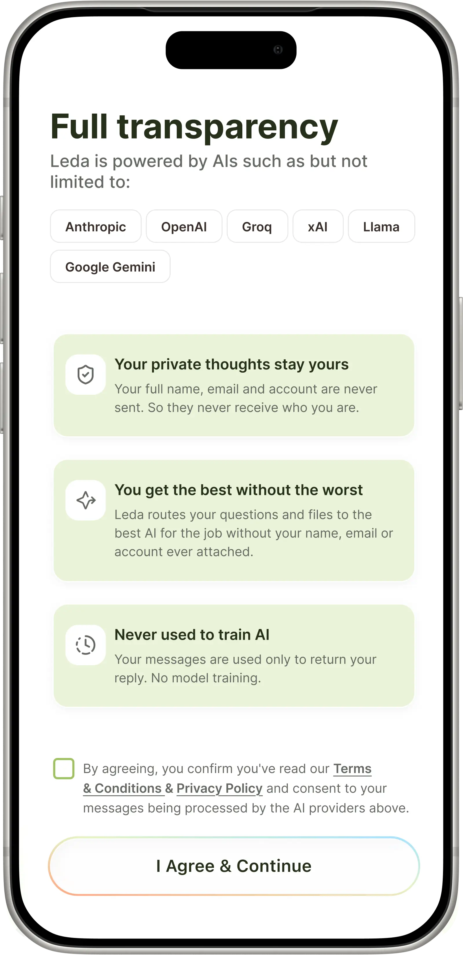 Full transparency screen naming every AI provider