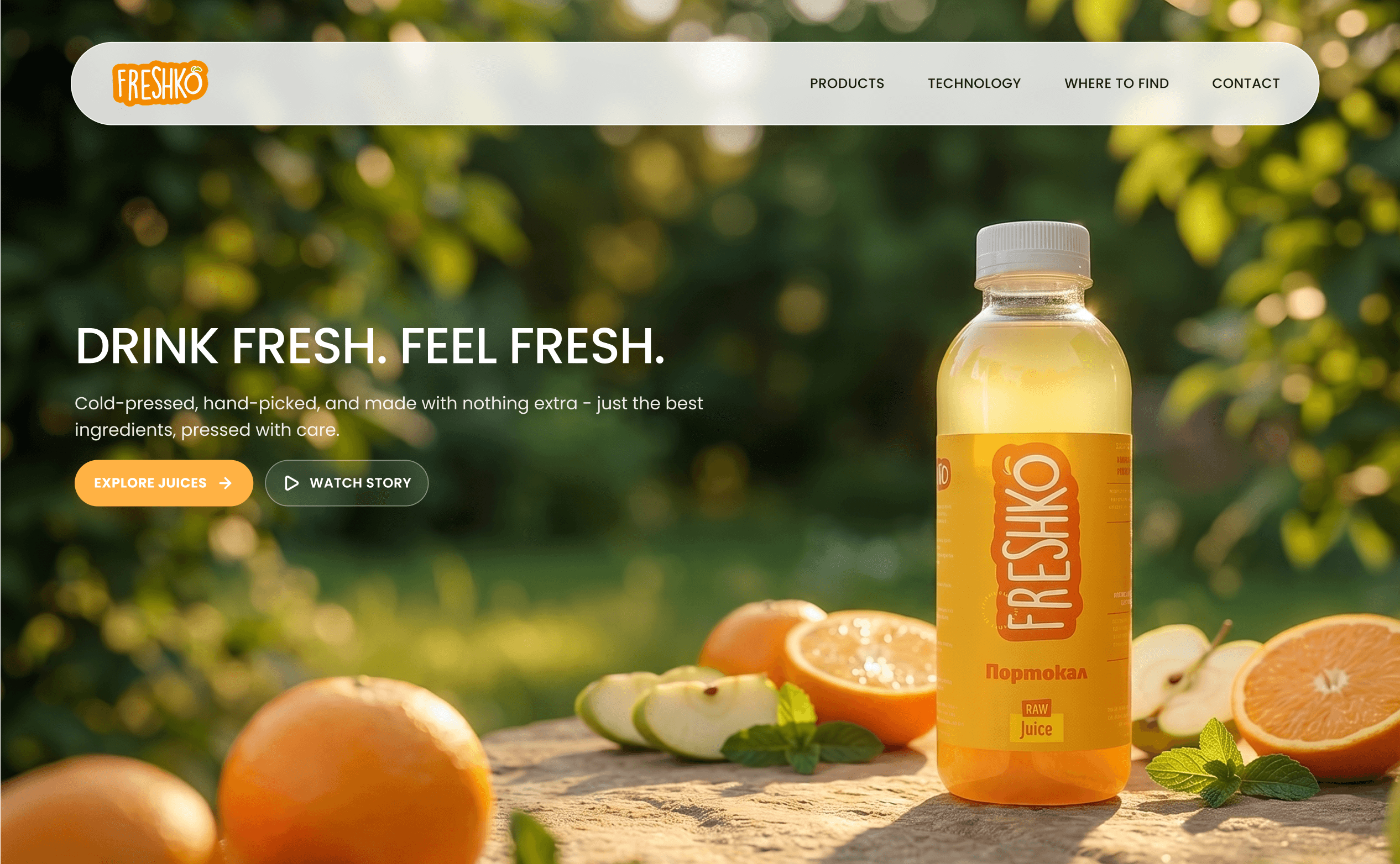 Freshko website redesign hero showing juice bottle among fresh oranges