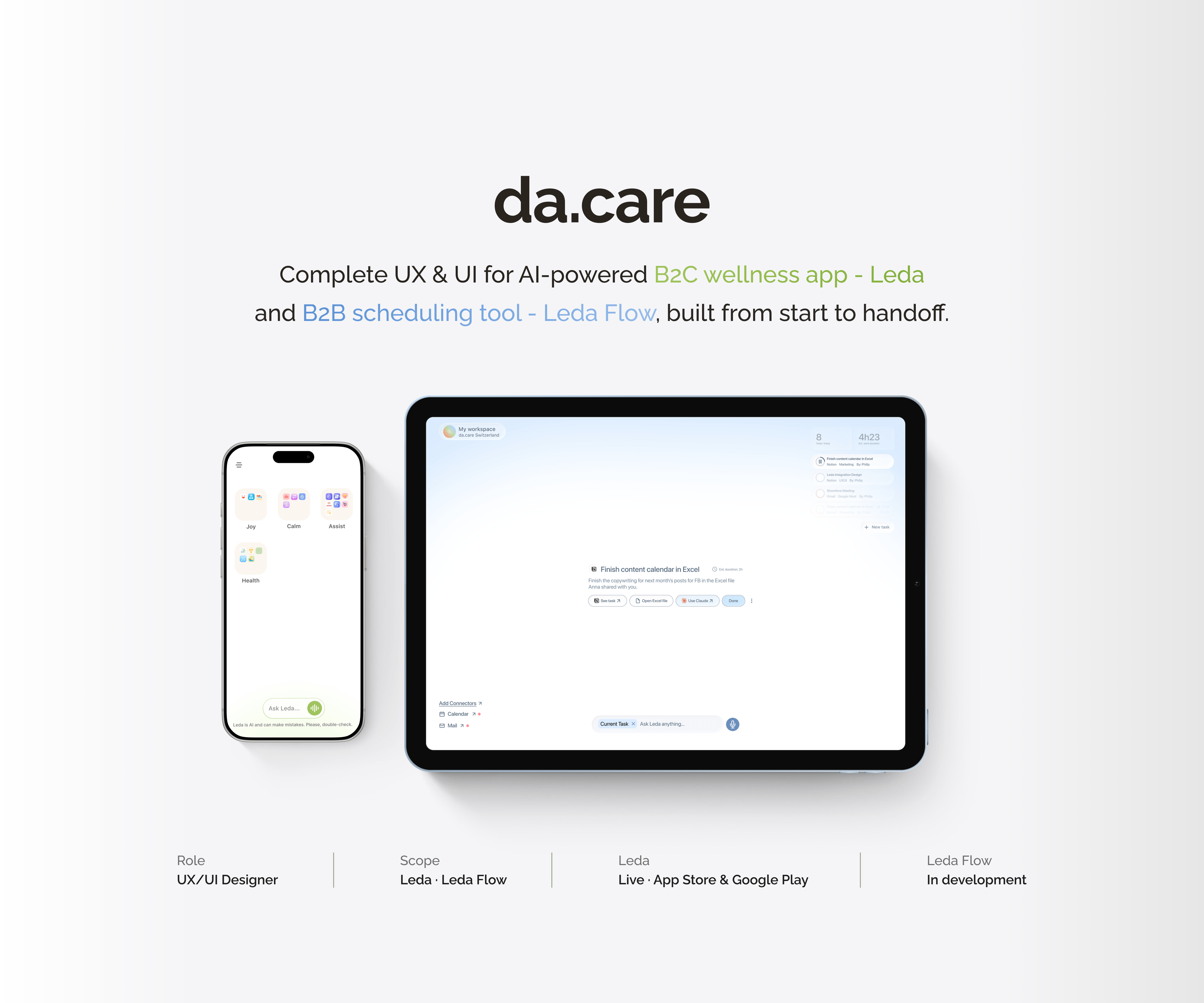 da.care - Complete UX & UI for AI-powered B2C wellness app Leda and B2B scheduling tool Leda Flow, built from start to handoff