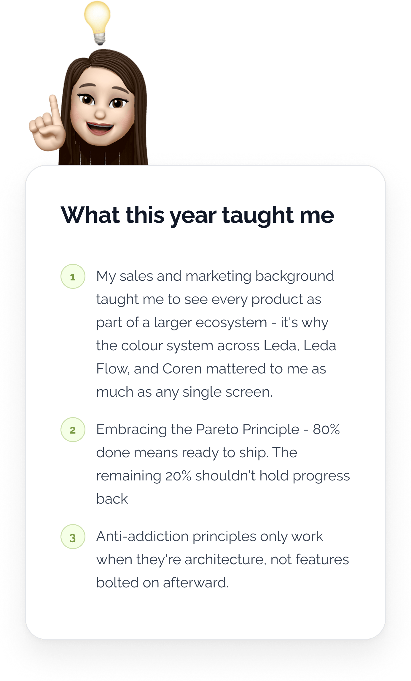 What this year taught me: embracing the ecosystem view across products, the Pareto Principle, and anti-addiction as architecture not a bolted-on feature.