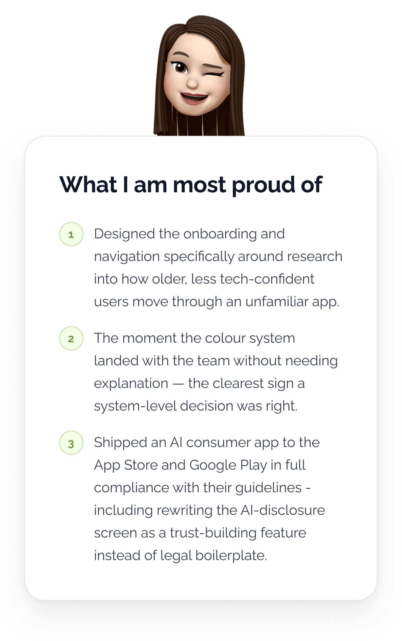 What I am most proud of: research-driven onboarding for older users, a colour system that needed no explanation, and shipping to both app stores in full compliance.